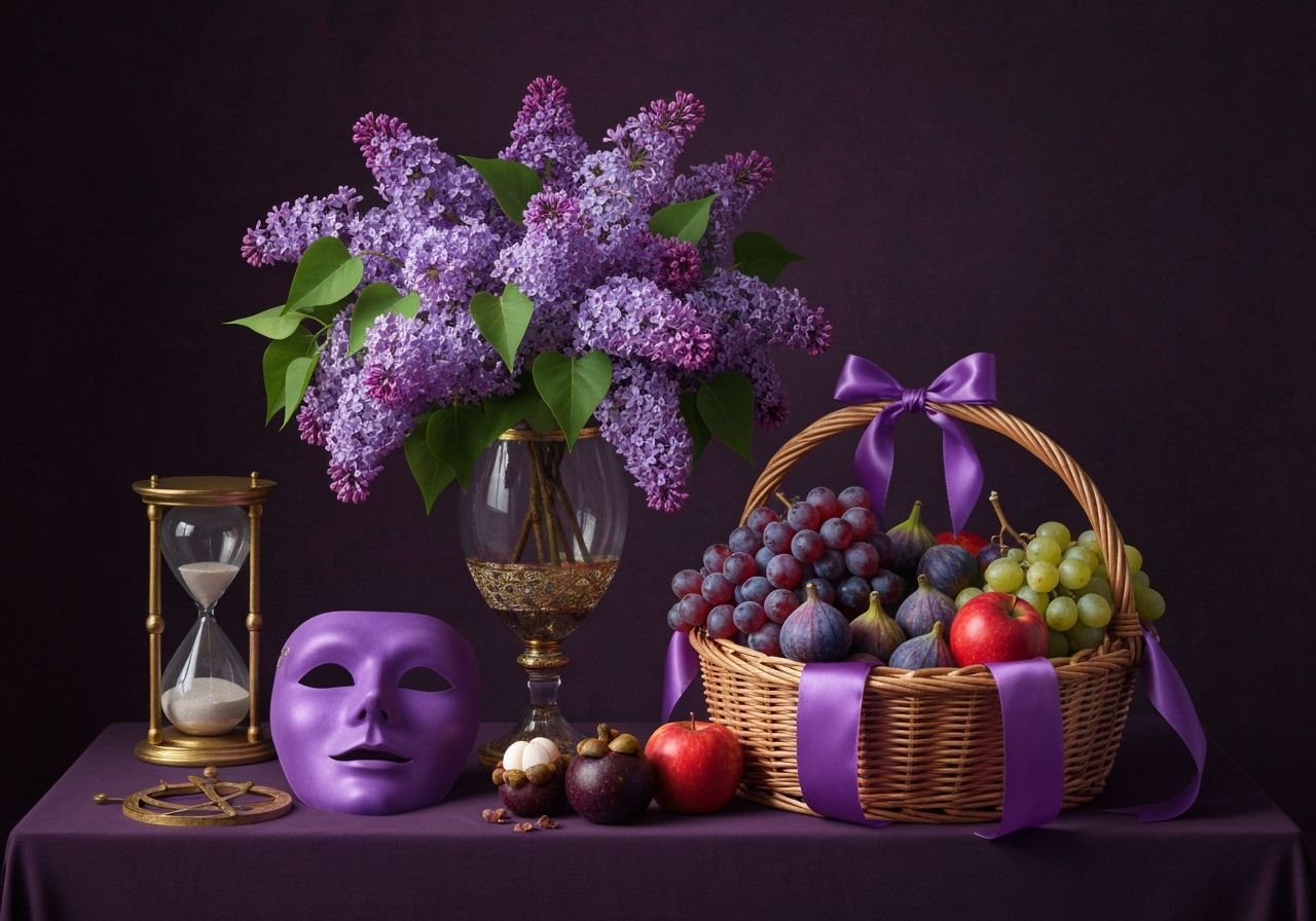 Baroque Still Life: Lilacs, Fruit, and Opulent Objects