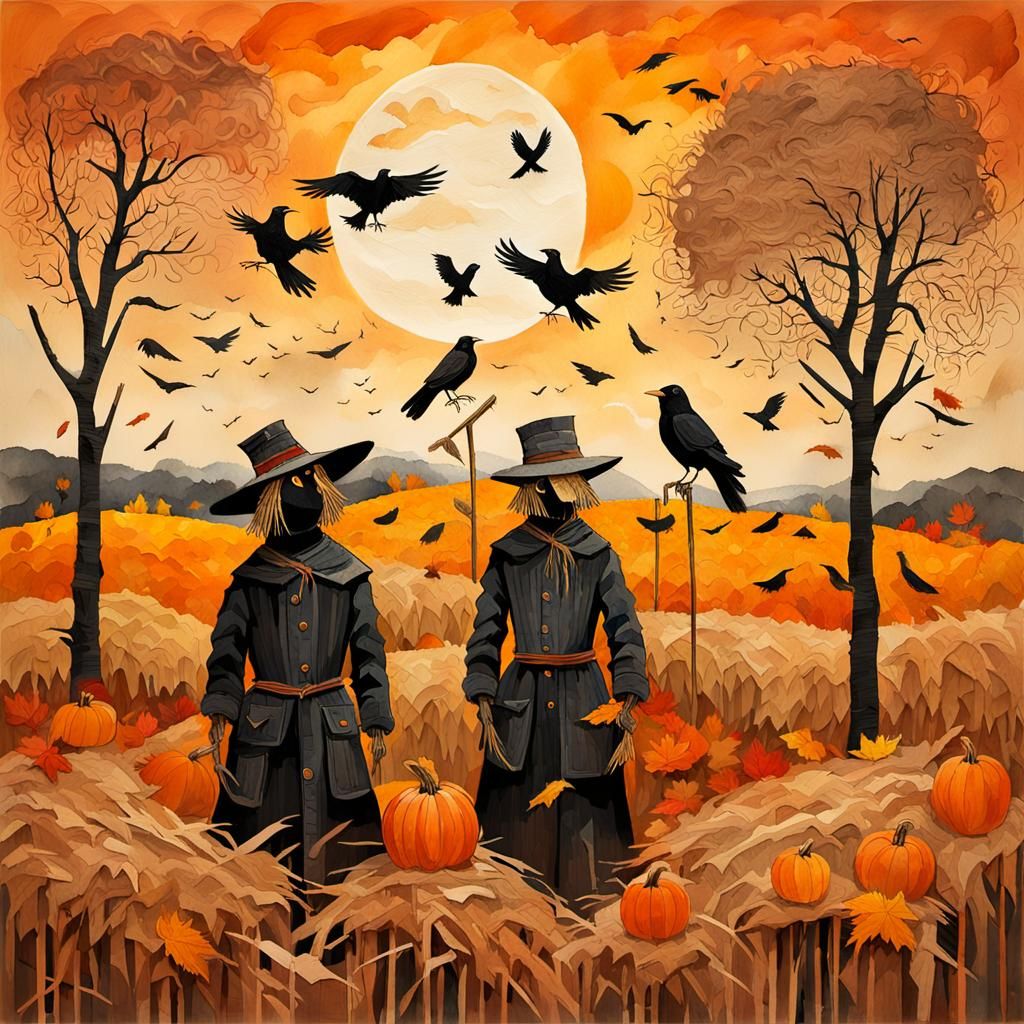 Autumn Scarecrows in Bleak Landscape as Impressionistic Coll...