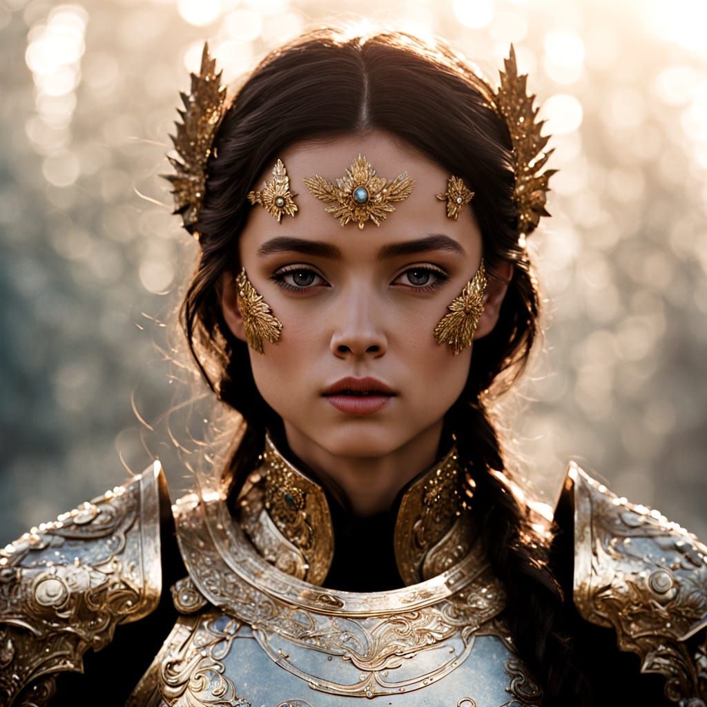Woman Commanding the Past in Opulent Gold Armor