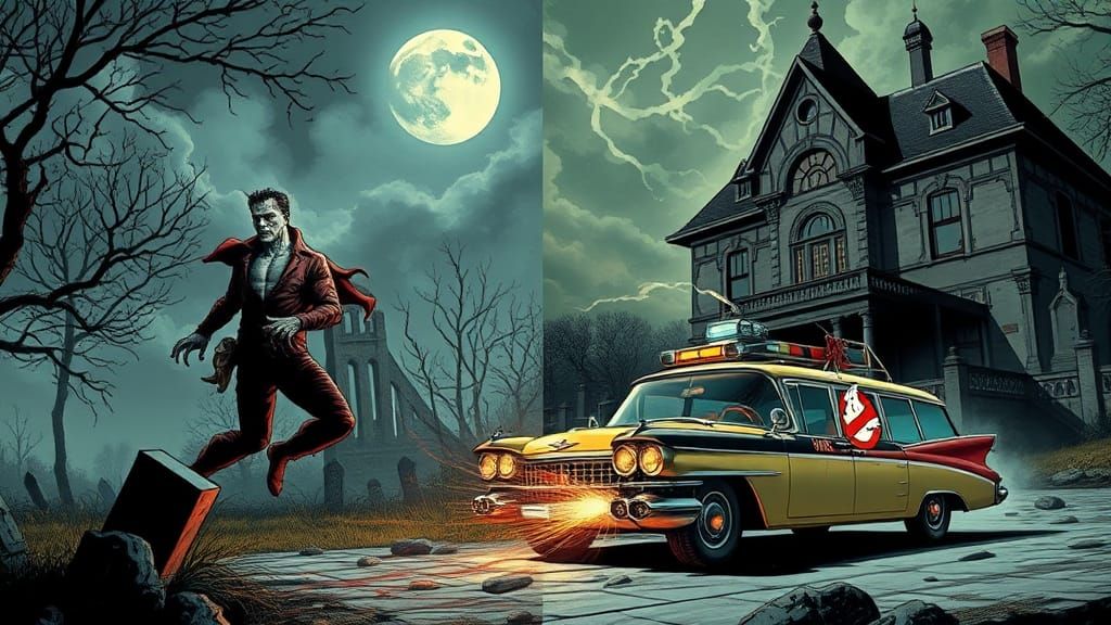 Ghostbusters and Classic Monsters in Retro Comic Style