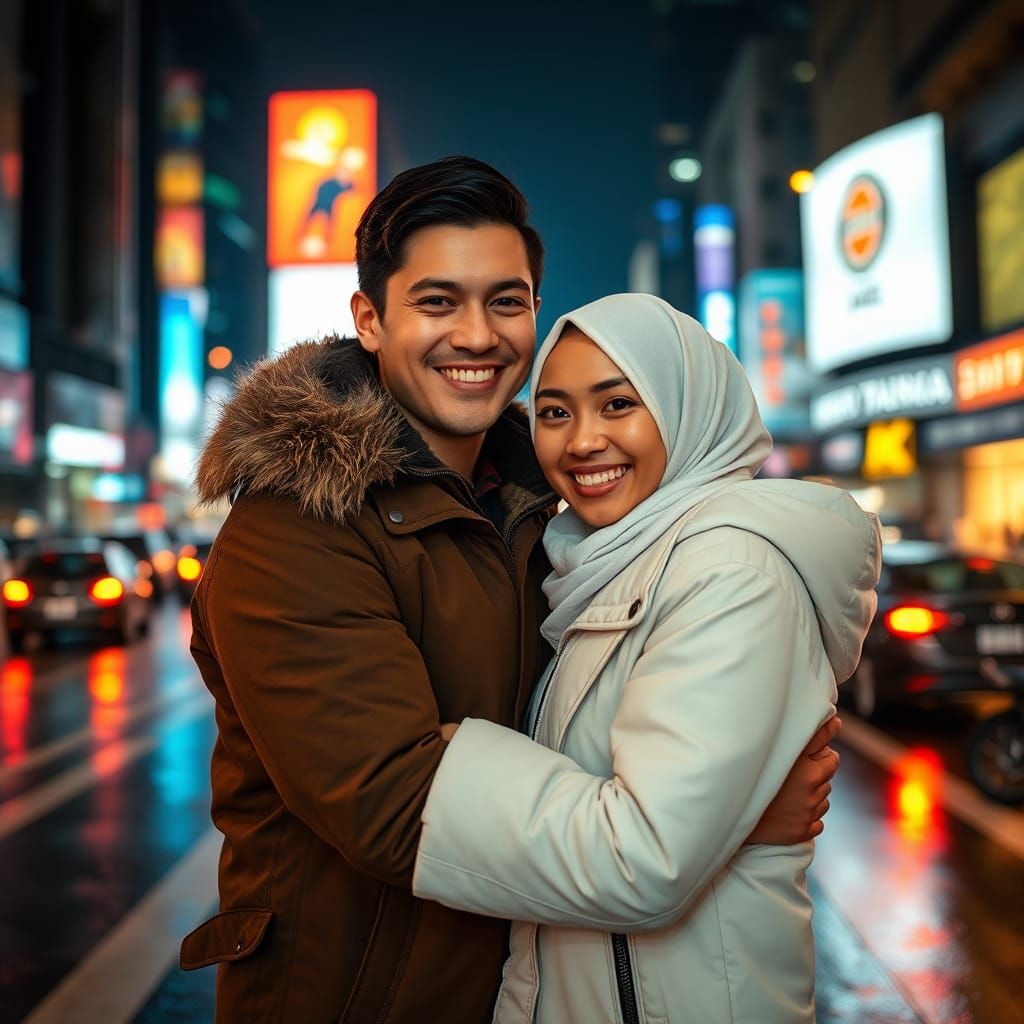 Cozy City Couple Embracing Joy in Winter Wonderland
