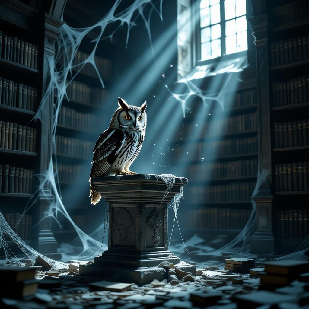 Ancient Owl in Forgotten Library, Hyperrealistic Style