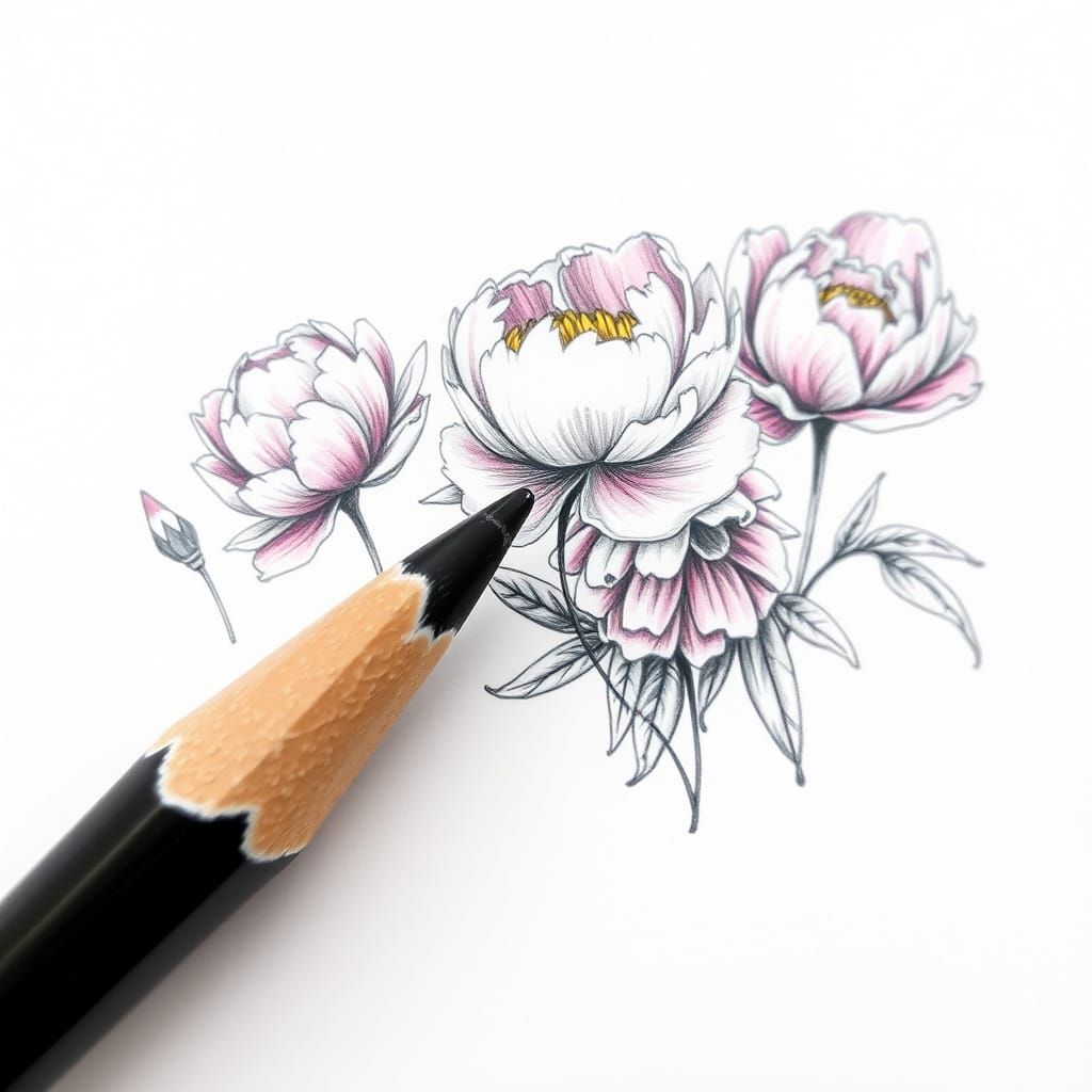 Pencil Sketch Transforms Into Blooming Peony Garden
