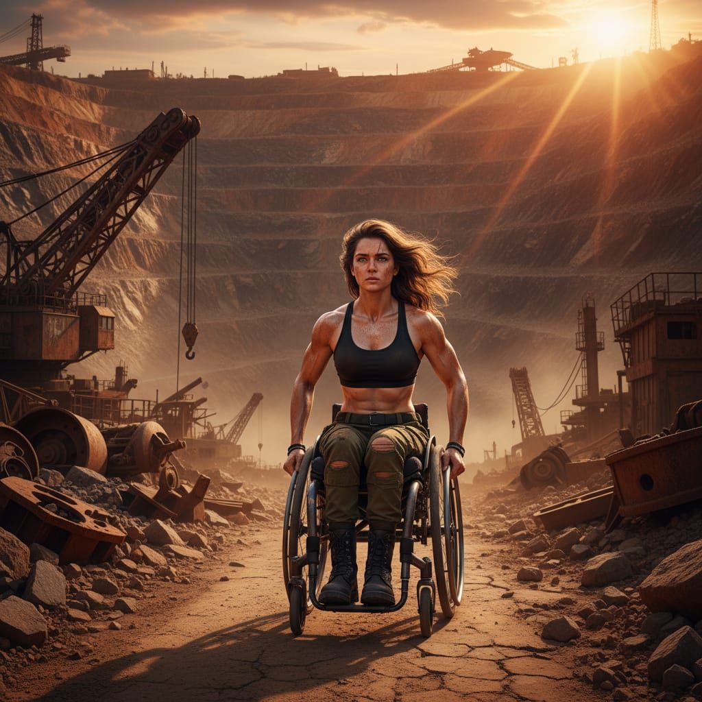 Girl in Wheelchair Approaches Open Pit Mine