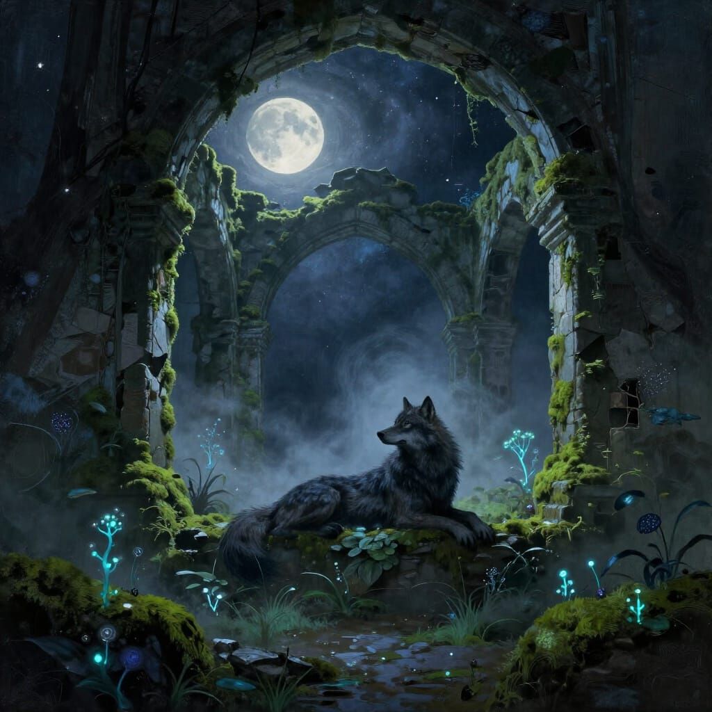 Lone Wolf in Starlit Ruin Under Ethereal Moonlight