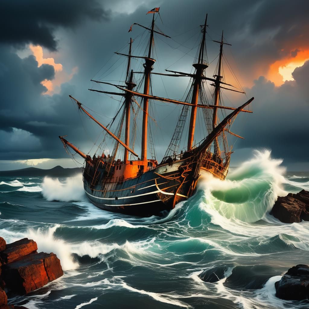 Dramatic Rescue of Sailing Vessel in Chromatic Surrealism