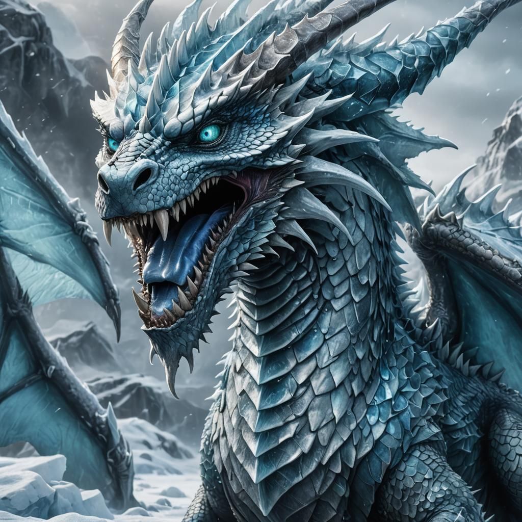 Majestic Ice Dragon Portrait in Dark Fantasy Art