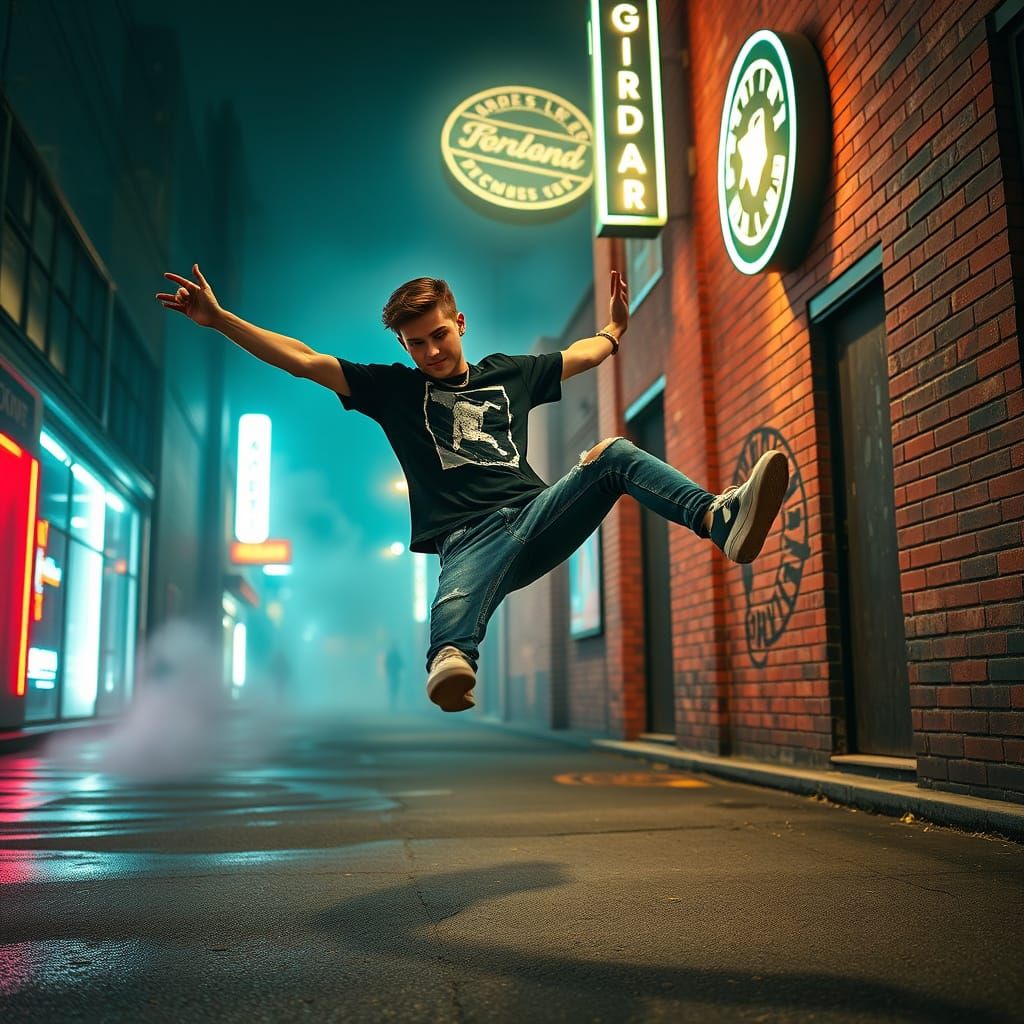 Guy Performing the Griddy Dance in a Neon-Lit Urban Alleyway