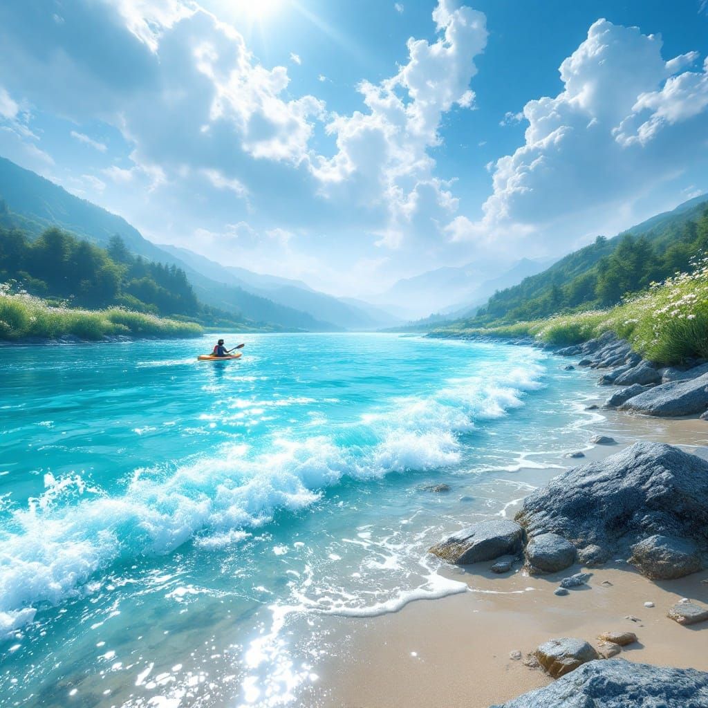 Dreamy Teal River Scene with Kayak and Wildflowers