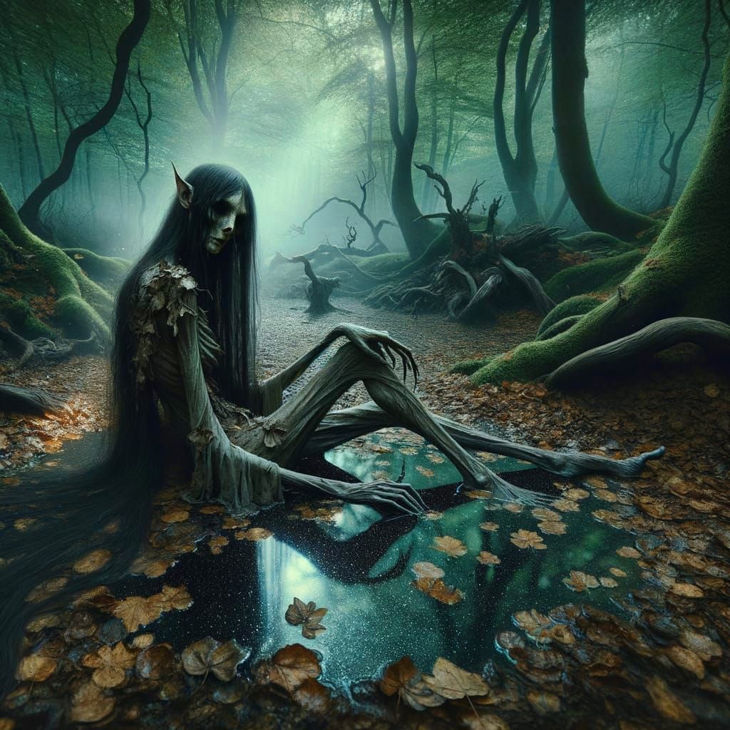 Eerie Fey Lounging in Enchanted Forest Pool