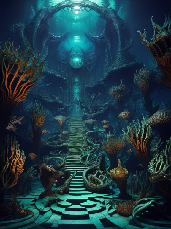 Ethereal Mermaids in a Surreal Underwater Labyrinth