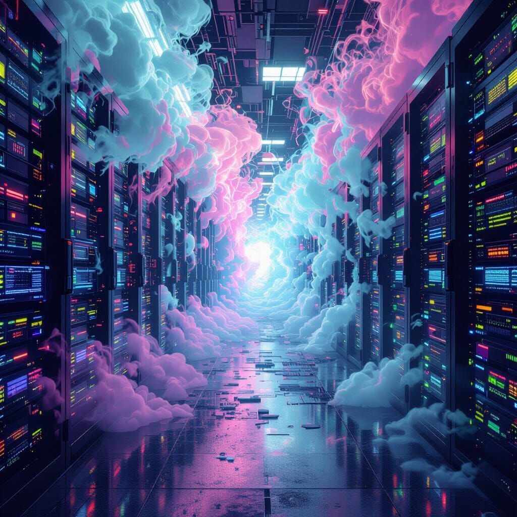 Sentient Neon Vortex Drifting Through Server Farm