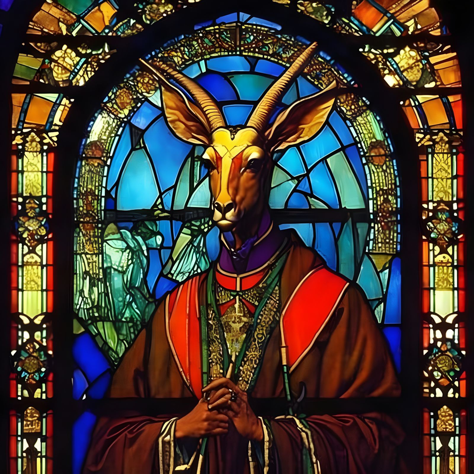 Stained Glass Gazelle Preaching: Art Nouveau Style