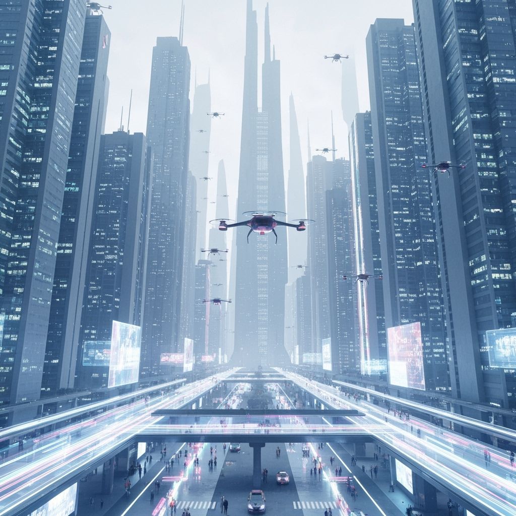 Futuristic Cityscape with Flying Vehicles