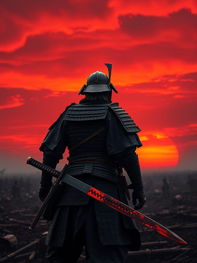 Ethereal Samurai Silhouetted Against a Crimson Sunset in a G...