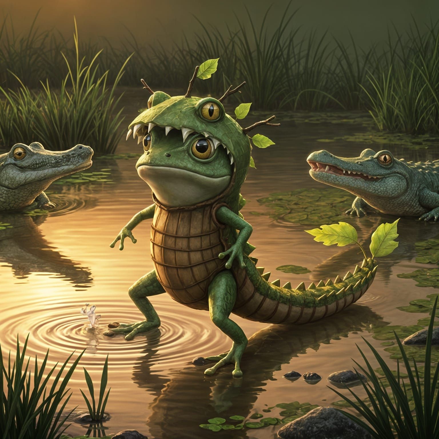 Frog in Handmade Crocodile Costume by Swamp at Sunset
