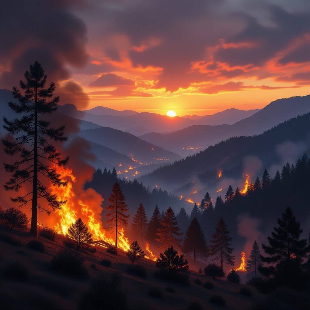 Raging Wildfire in California Mountains: Digital Matte Paint...