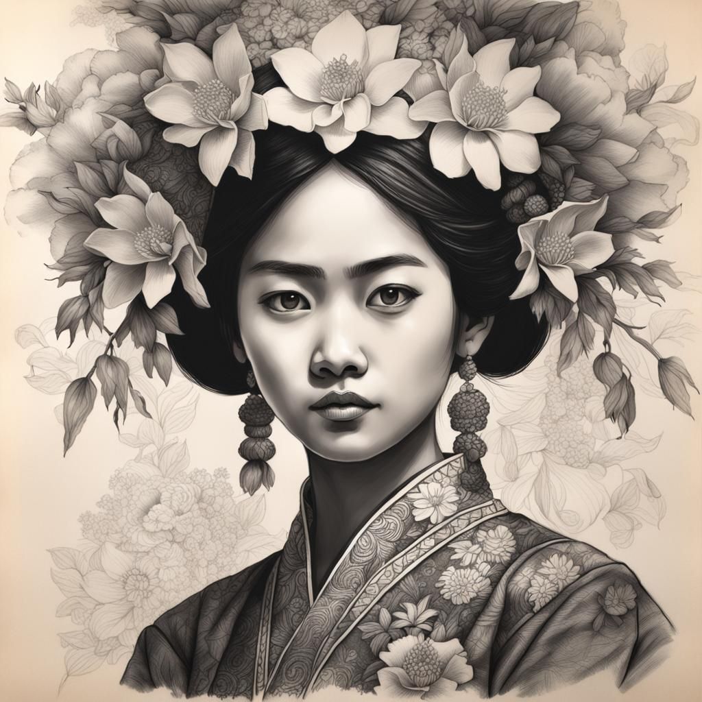 Balinese Woman Portrait in Charcoal Art