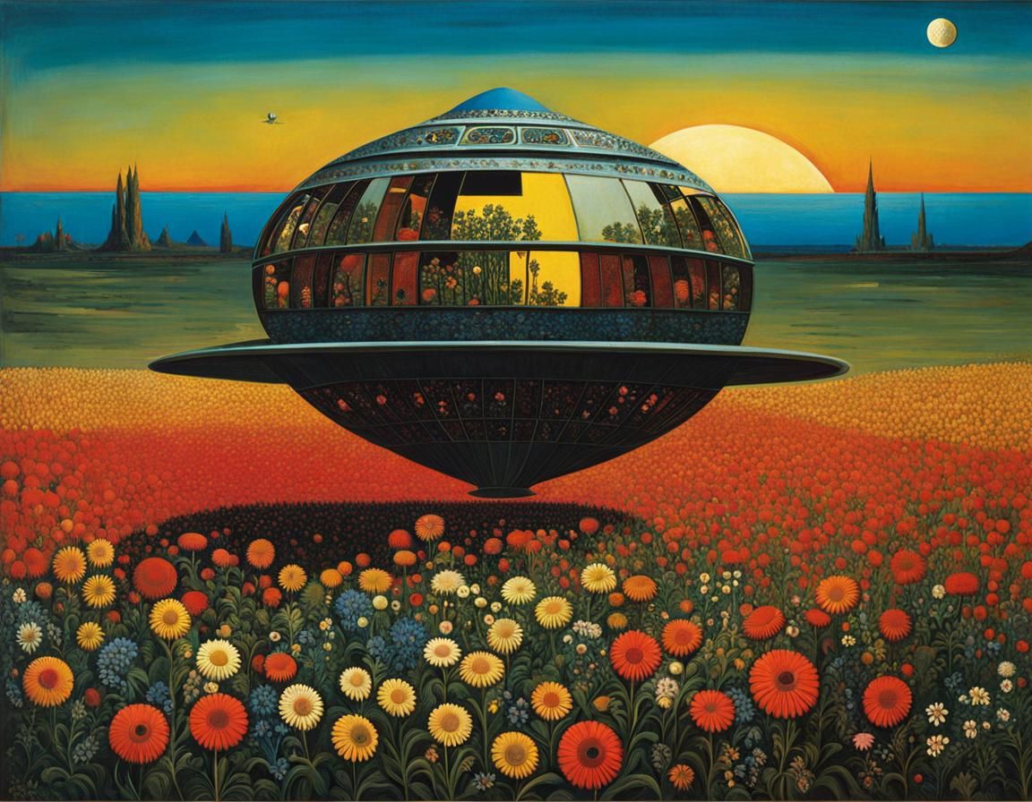 Surreal Spaceship in Flower Field, Max Ernst Style