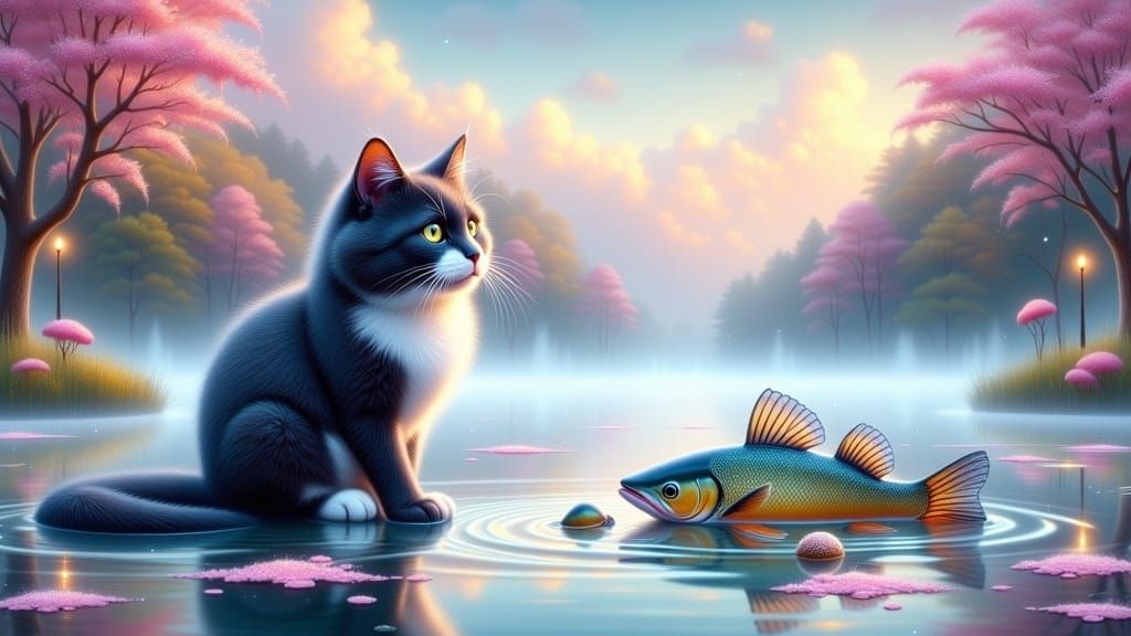 Marshmallowpunk: Tuxedo Cat Watching Pike in Dreamy Pond