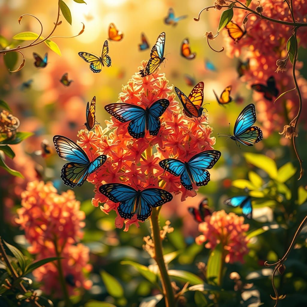 Buddleia Flowers and Butterflies in Sunlight