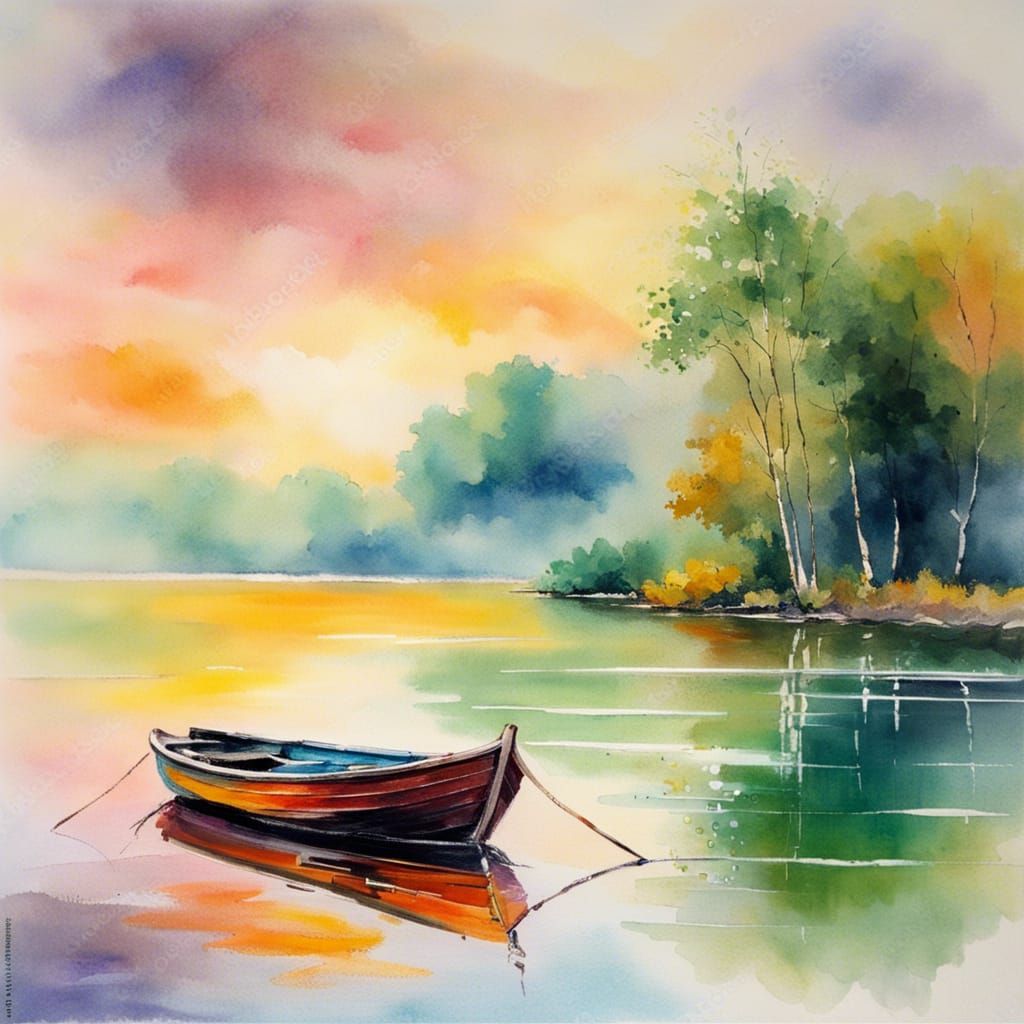 Impressionistic Boat on Lake with Water Reflections