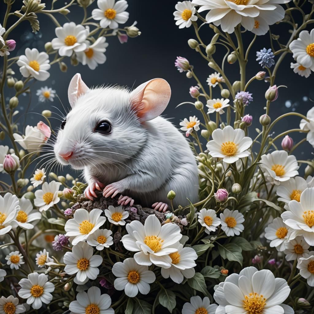 Hyperrealistic White Mouse with Magical Flowers