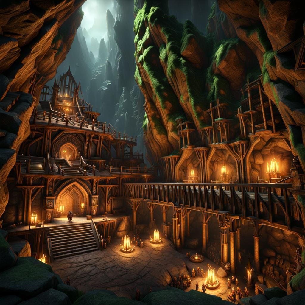 Epic Dwarven Mine Cavern with Glowing Torches