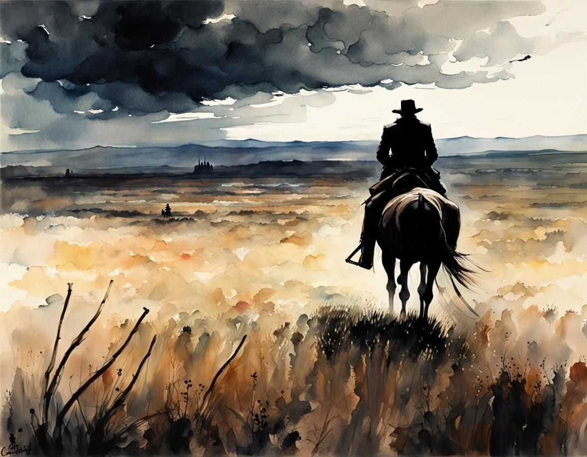 Lone Gunman Rides on Prairie in Watercolor Style