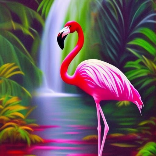 Pink Flamingo at Jungle Waterfall: Impressionistic Style