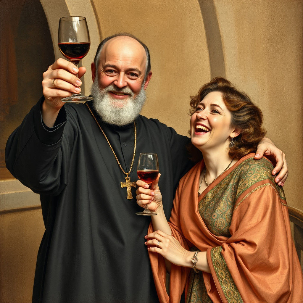 Monk and Woman Sharing Wine