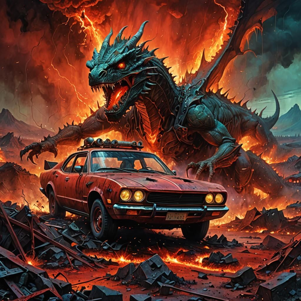 Aliens and Dragons Clash in Volcanic Sci-Fi Art