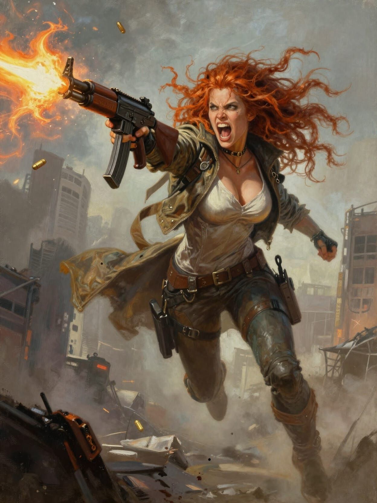 Enraged Warrior in Post-Apocalyptic City Oil Painting