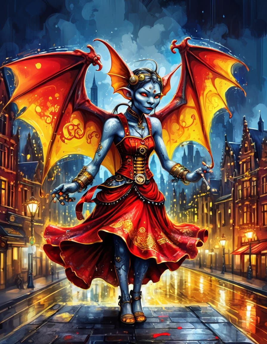 Steampunk Asian Gargoyle in Red Dress Portrait