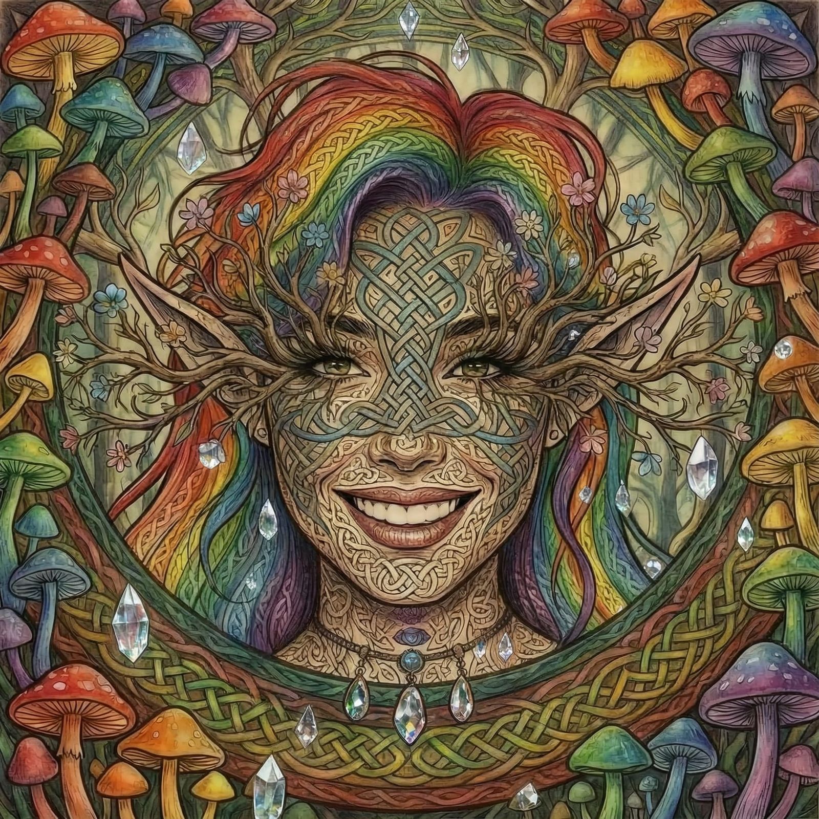 Woman's Face Encased in Intricate Celtic Knotwork with Cryst...