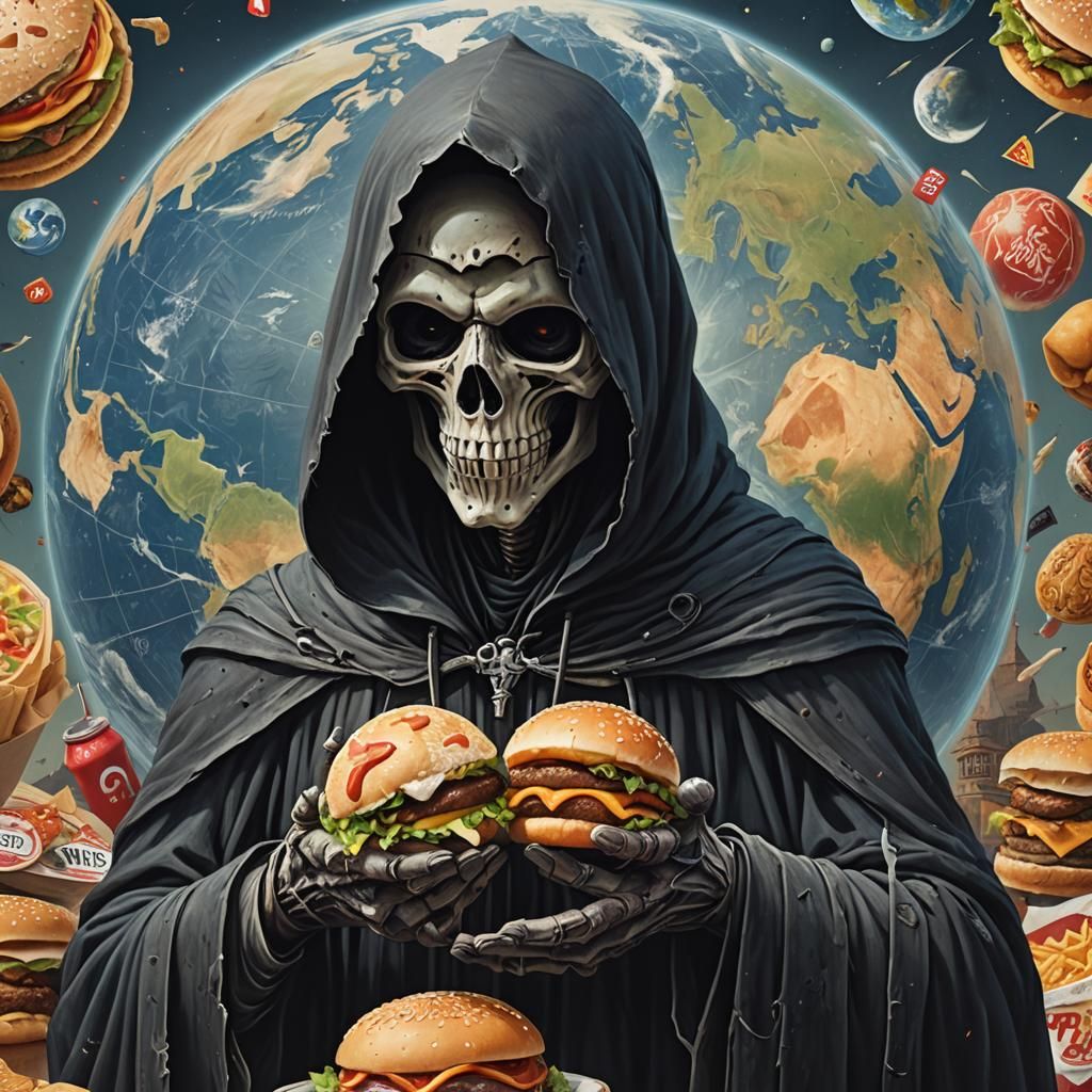 Fantastical Grim Reaper Holds Worn Earth Globe in Cyberpunk-...