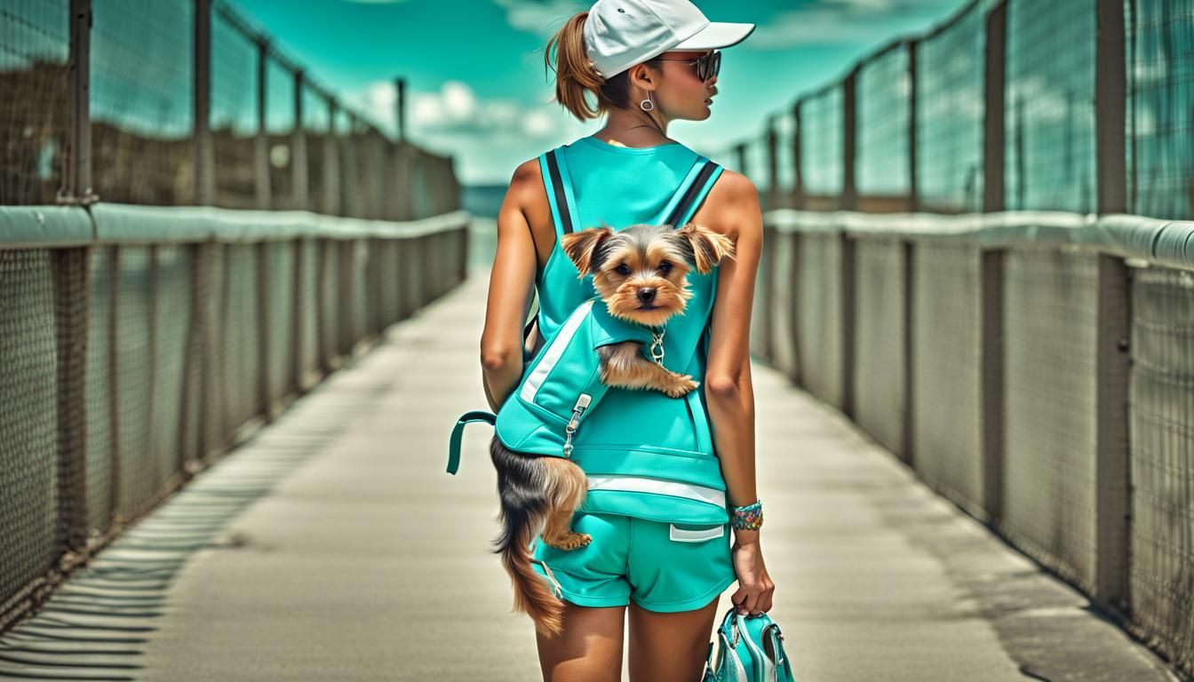 Turquoise Fashion: Woman with Puppy and Stylish Outfit