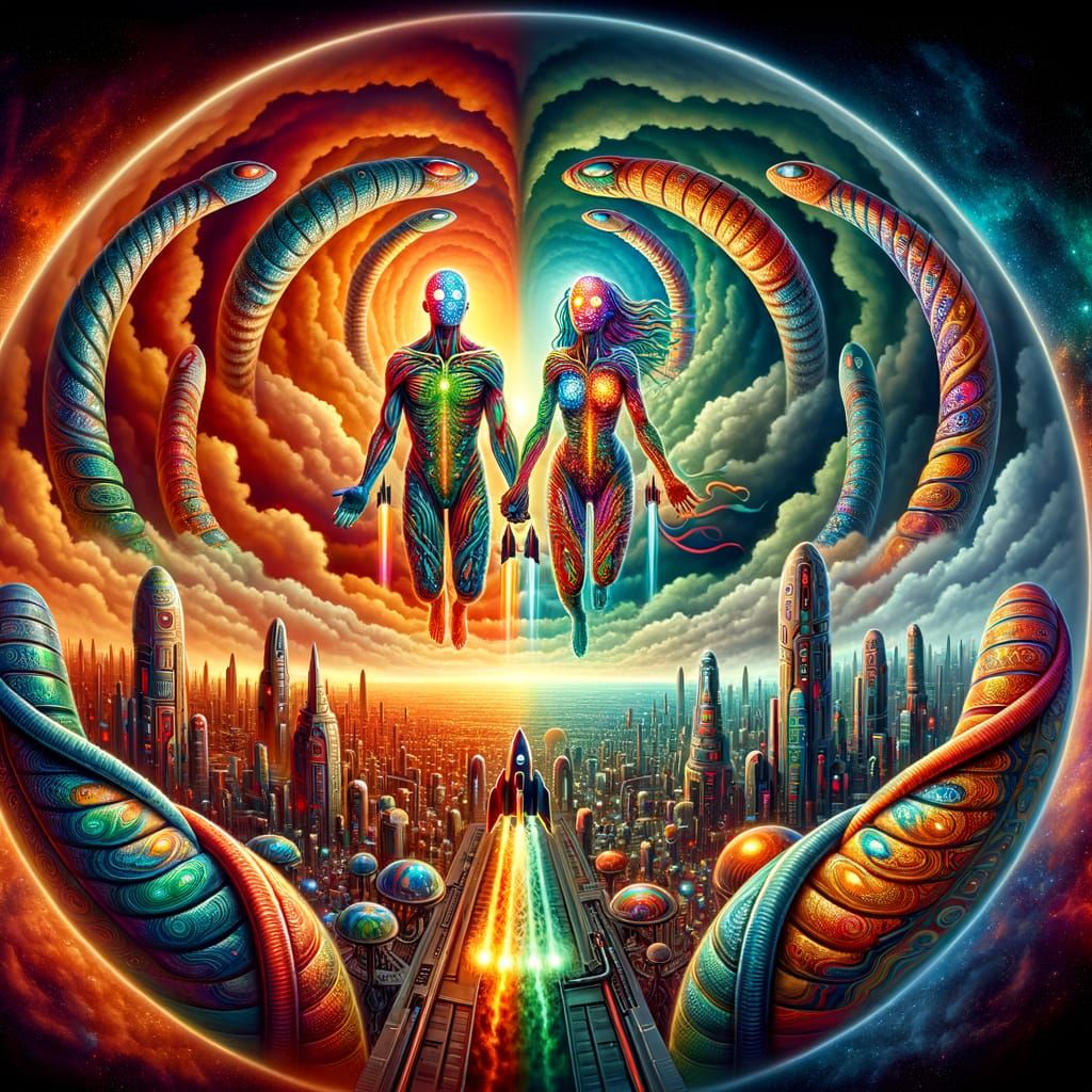 Futuristic Cityscape with Spinosaurus Humanoids