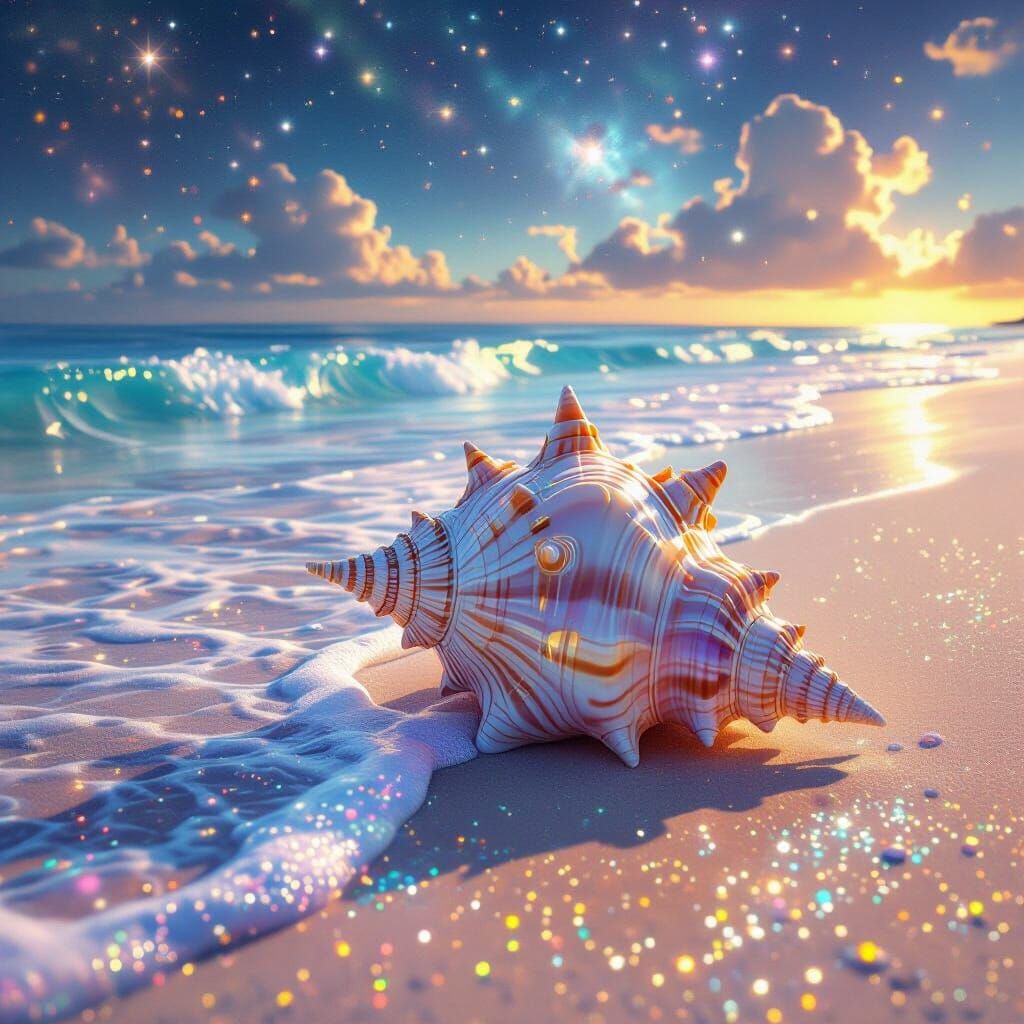 Iridescent Conch Shell on Starry Beach in Hyper-Realism