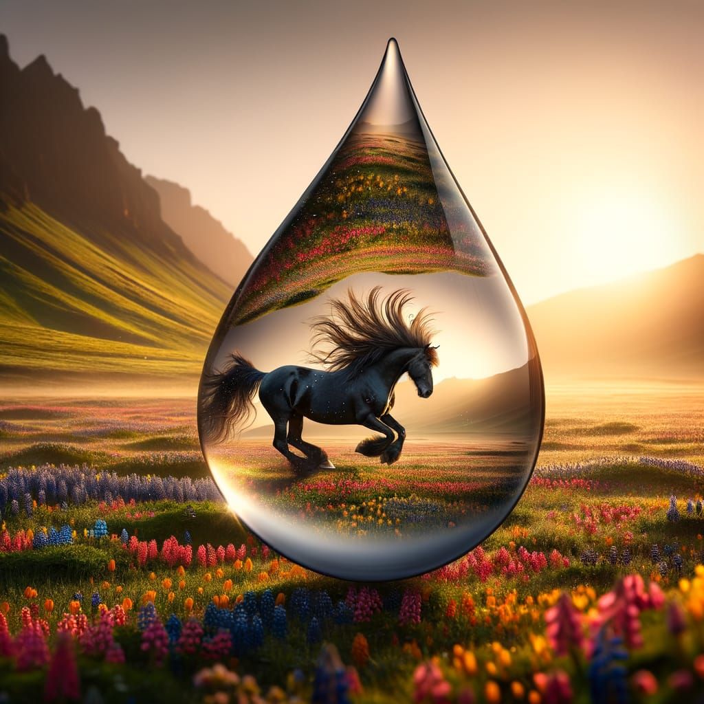 Majestic Stallion Galloping Inside a Water Droplet