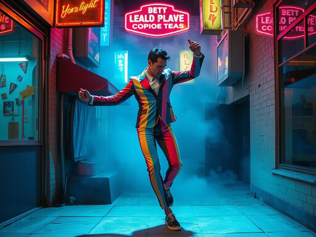 Zoot Suit Dancer in Neon Alley, Syd Mead Style