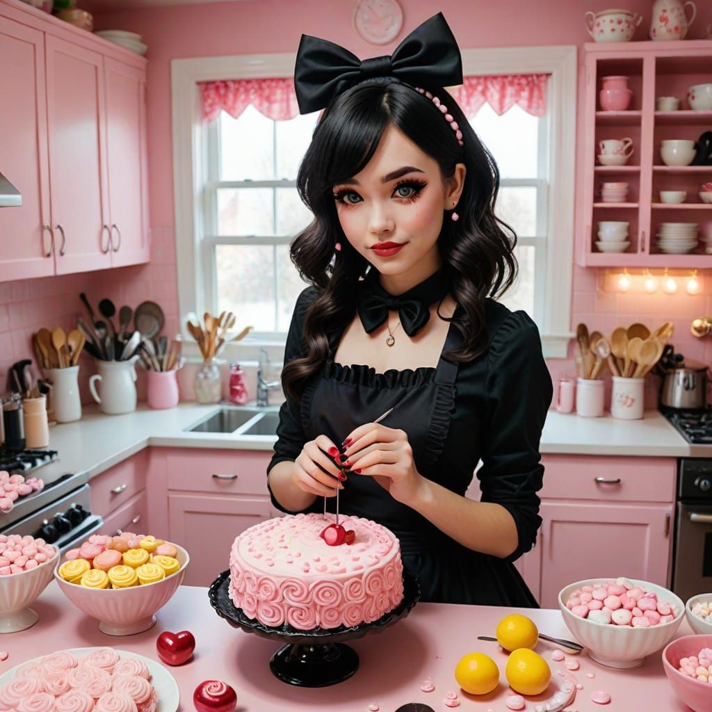 Whimsical Pastel Goth Baker in a Kawaii Kitchen
