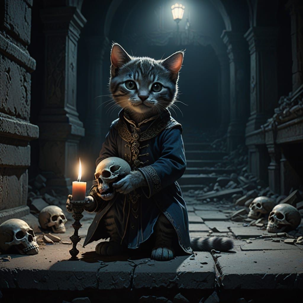 Kitten in Dark Fantasy Hamlet Costume in Abandoned Theatre