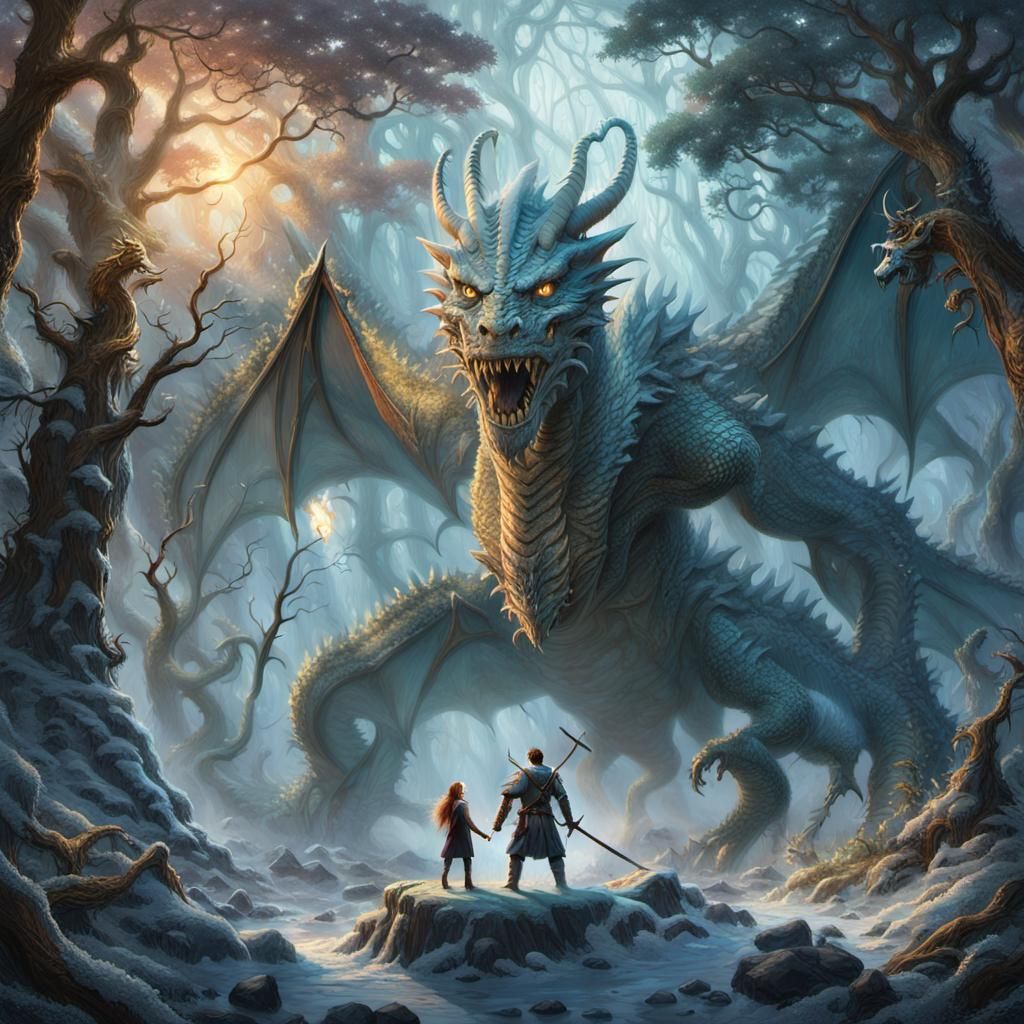 Warrior Versus Undead Dragon in Ethereal Forest