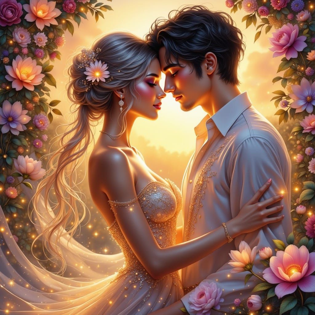 Romantic Anime Couple in Ethereal Garden