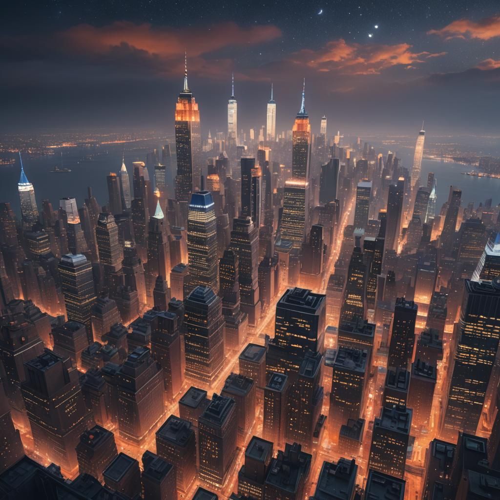 New York City Skyline Under Starry Sky: Fantasy Concept Art