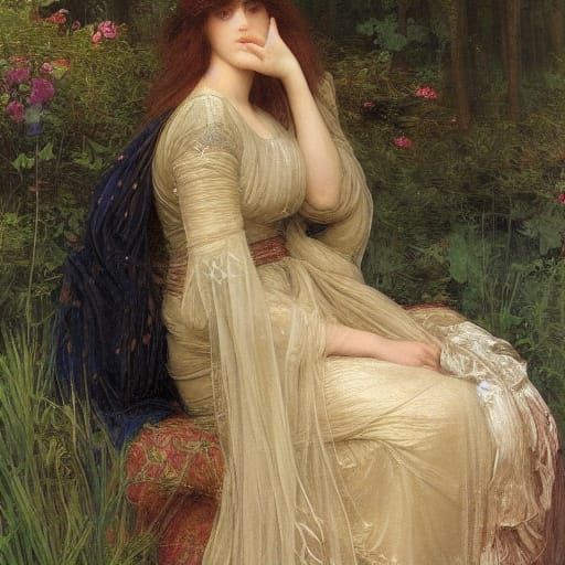 Ethereal Maiden by Riverbank: A Pre-Raphaelite Painting