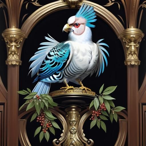 Anthropomorphic Bird Achieving Godhood as Art Nouveau Oil Pa...