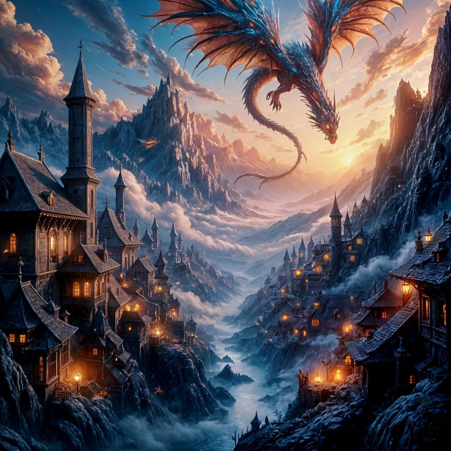 Surreal Mountain Village with Dragon Clouds