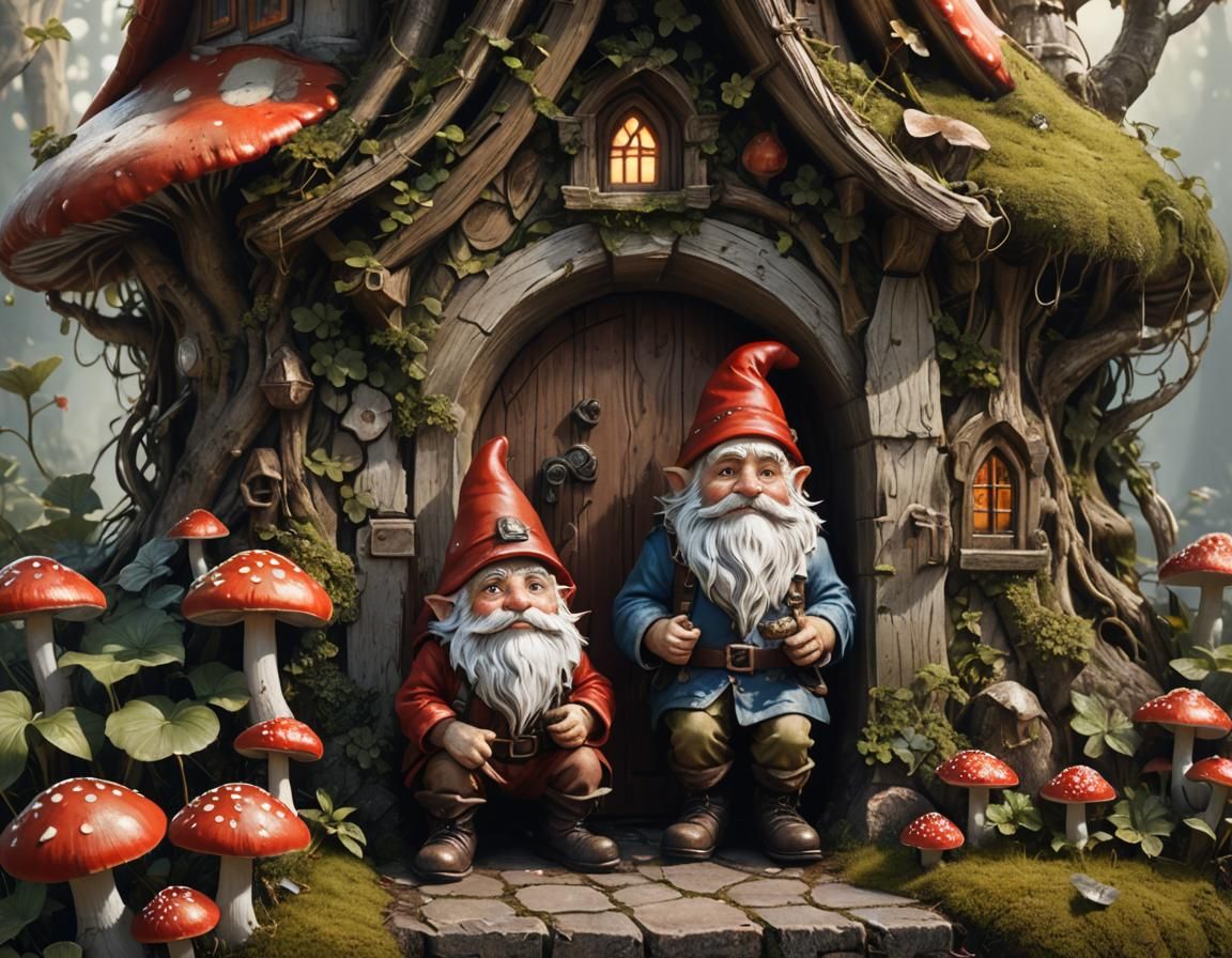Gnome at Mushroom House Doorway: Fantasy Illustration
